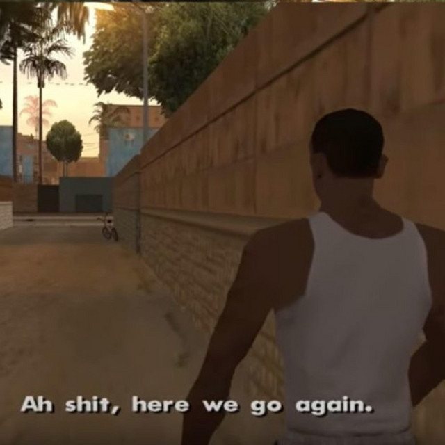 CJ from Grand Theft Auto: San Andreas walking down an alley as he says, ‘Ah shit, here we go again.’